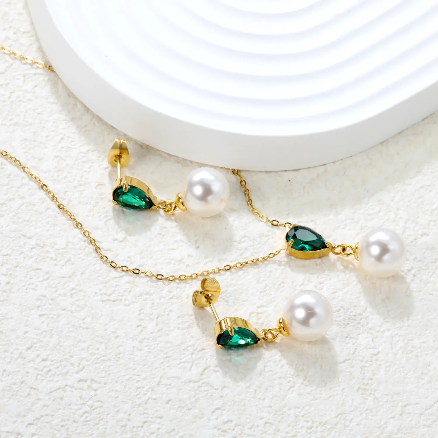 ✨💎 Teardrop Zirconia & Pearl Set: Earrings + Pendant | Gold Stainless Steel Jewelry Wholesale
