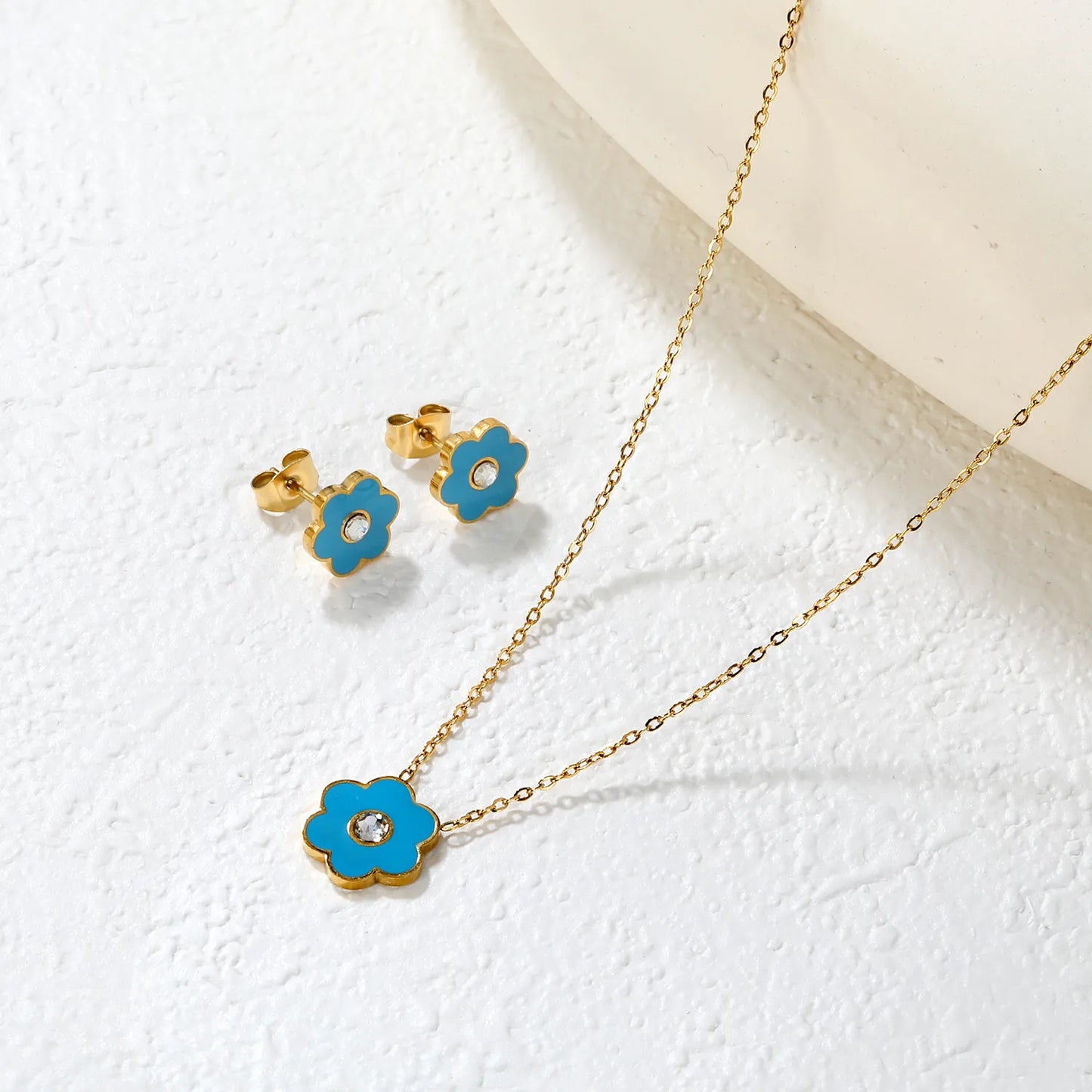 🌸Light Blue Pink Floral Resin Diamond Earrings & Pendant Set Gold Stainless Steel Studs + 40cm Chain | Wholesale Boho Jewelry