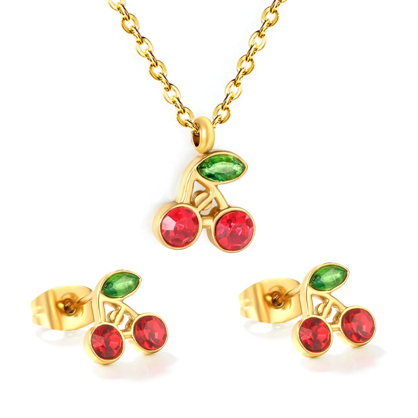 🍒 Wholesale Cherry Studs & Pendant Set | 8.5mm Gold Stainless Steel