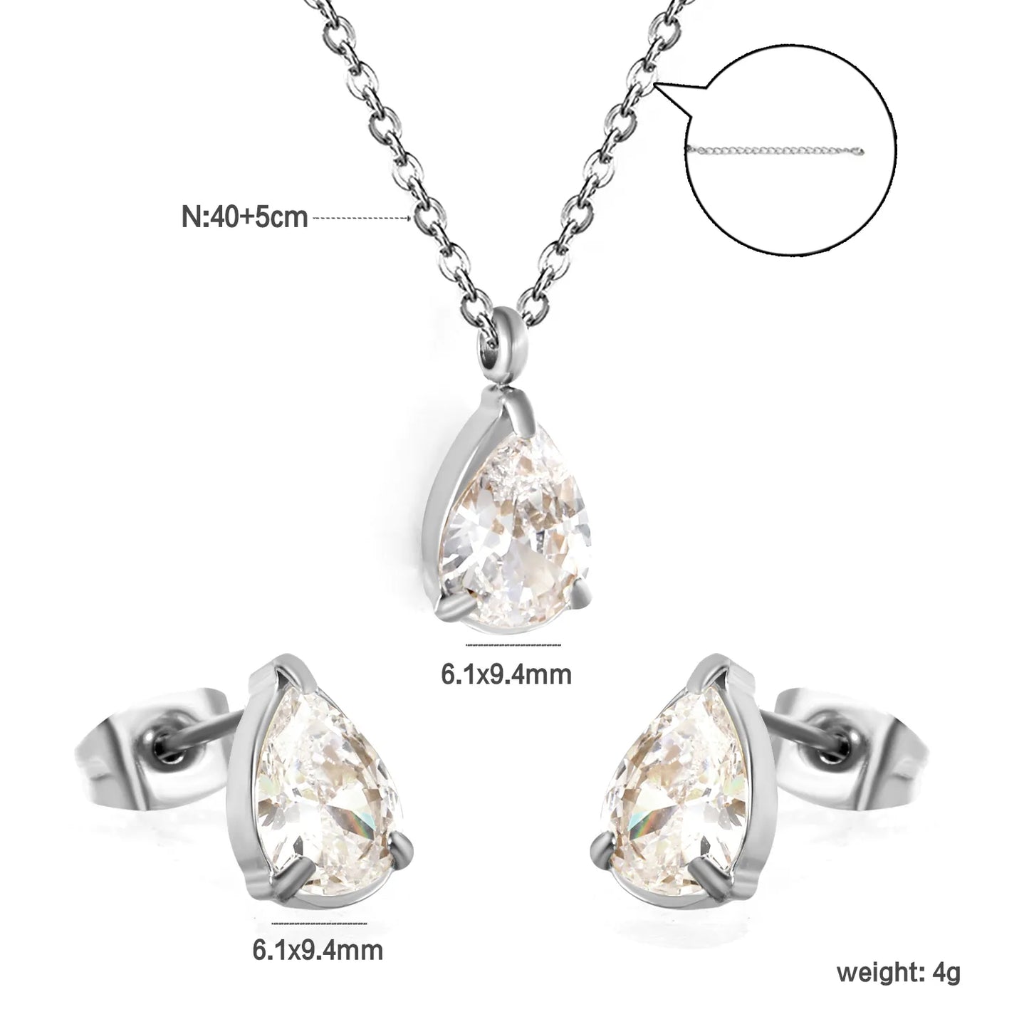 ✨ Wholesale Stainless Steel Zirconia Earrings & Pendant Sets | Teardrop/Heart/Round/Square/Oval/Rectangle Shape | 40cm+5cm Chain with Lobster Claw