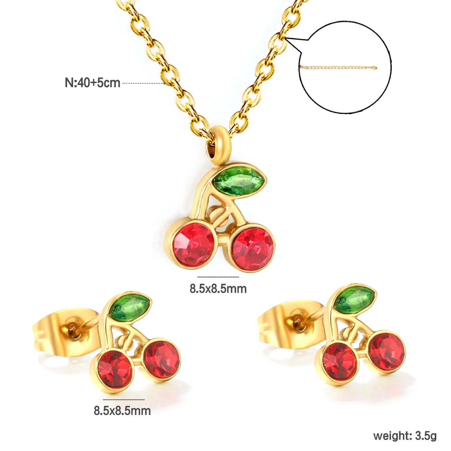 🍒 Wholesale Cherry Studs & Pendant Set | 8.5mm Gold Stainless Steel