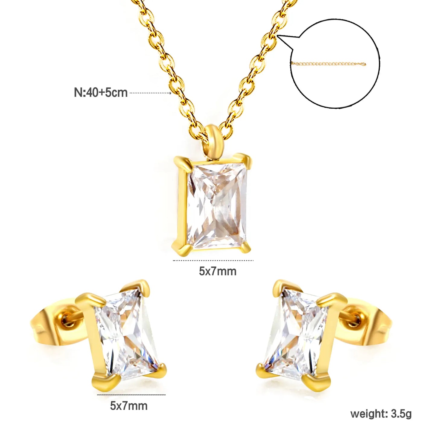✨ Wholesale Gold Stainless Steel Rectangle Zirconia Set | 6.1*9.4mm Earrings & Pendant | 0.3mm Twist Chain 40+5cm with 6mm Lobster Clasp