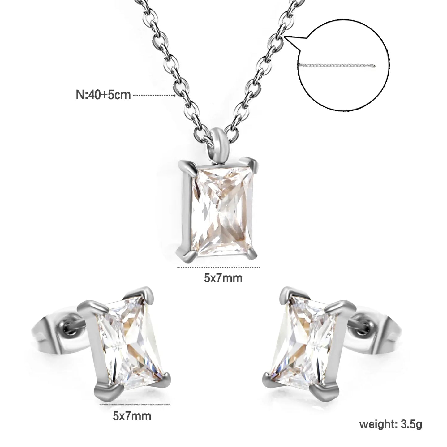 ✨ Wholesale Stainless Steel Zirconia Earrings & Pendant Sets | Teardrop/Heart/Round/Square/Oval/Rectangle Shape | 40cm+5cm Chain with Lobster Claw