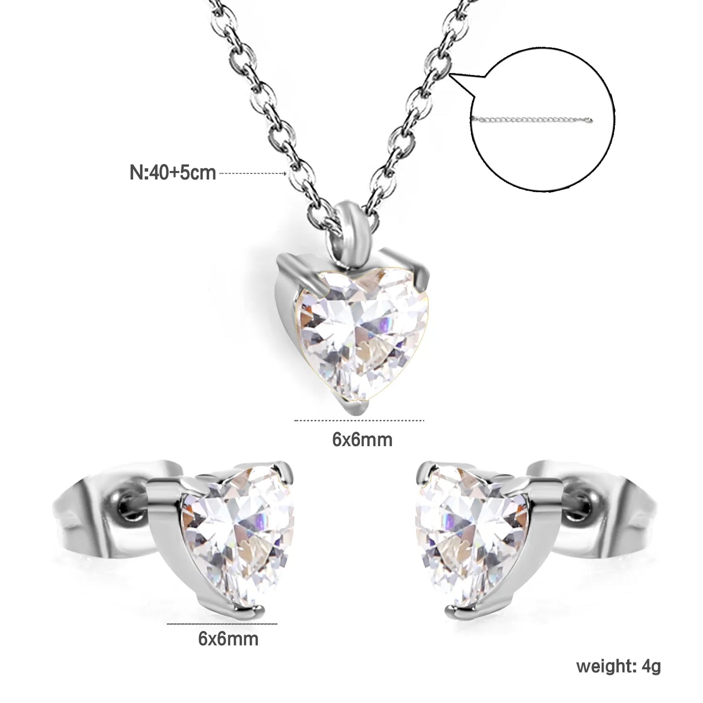 ✨ Wholesale Stainless Steel Zirconia Earrings & Pendant Sets | Teardrop/Heart/Round/Square/Oval/Rectangle Shape | 40cm+5cm Chain with Lobster Claw