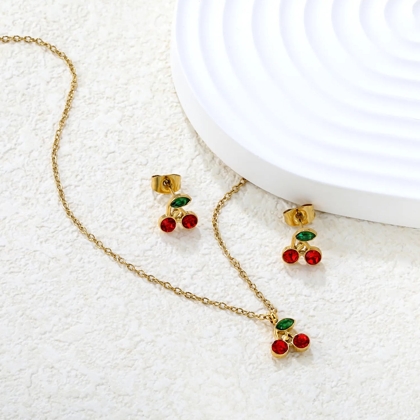 🍒 Wholesale Cherry Studs & Pendant Set | 8.5mm Gold Stainless Steel