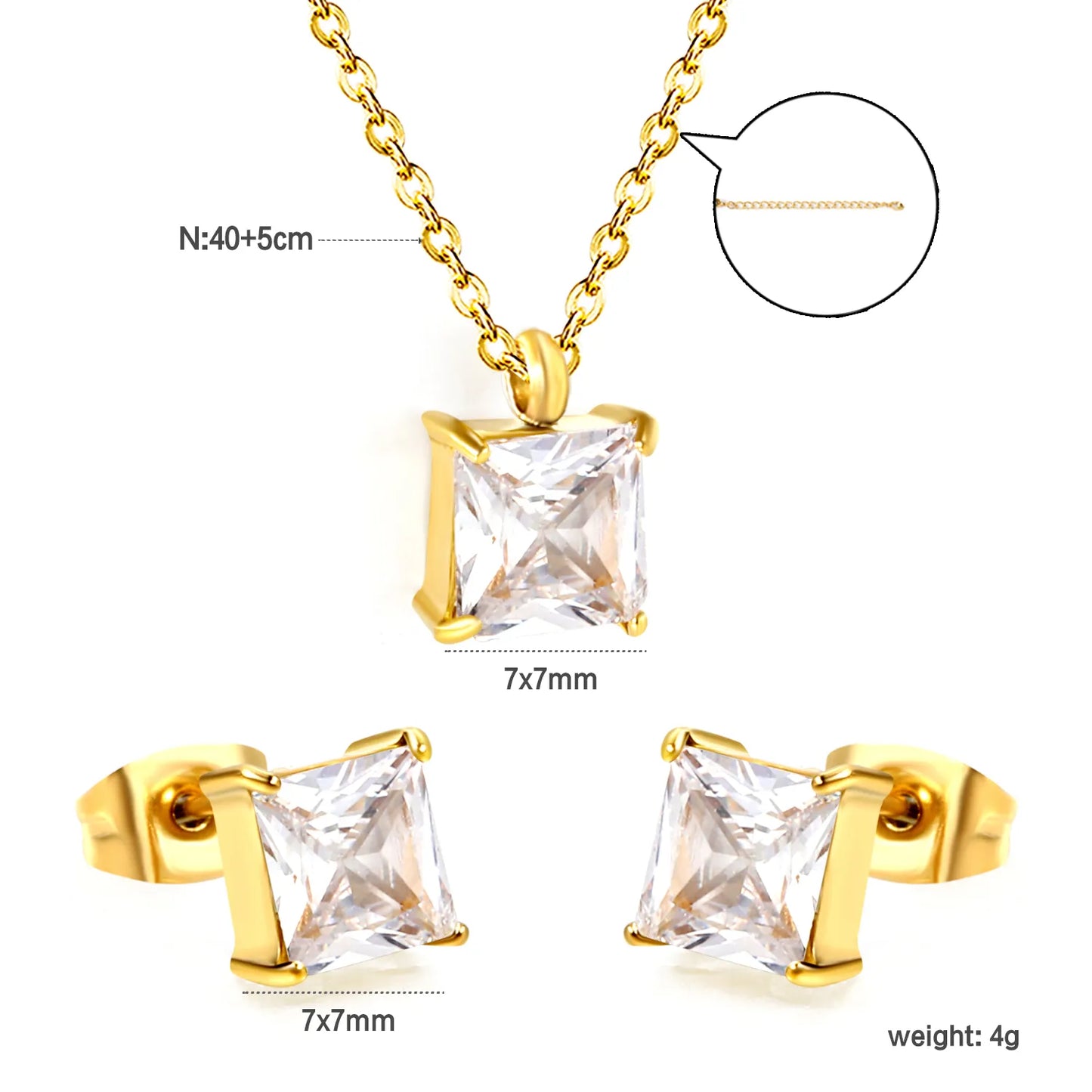 ✨ Wholesale Gold Stainless Steel Square Zirconia Set | 6.1*9.4mm Earrings & Pendant | 0.3mm Twist Chain 40+5cm with 6mm Lobster Clasp