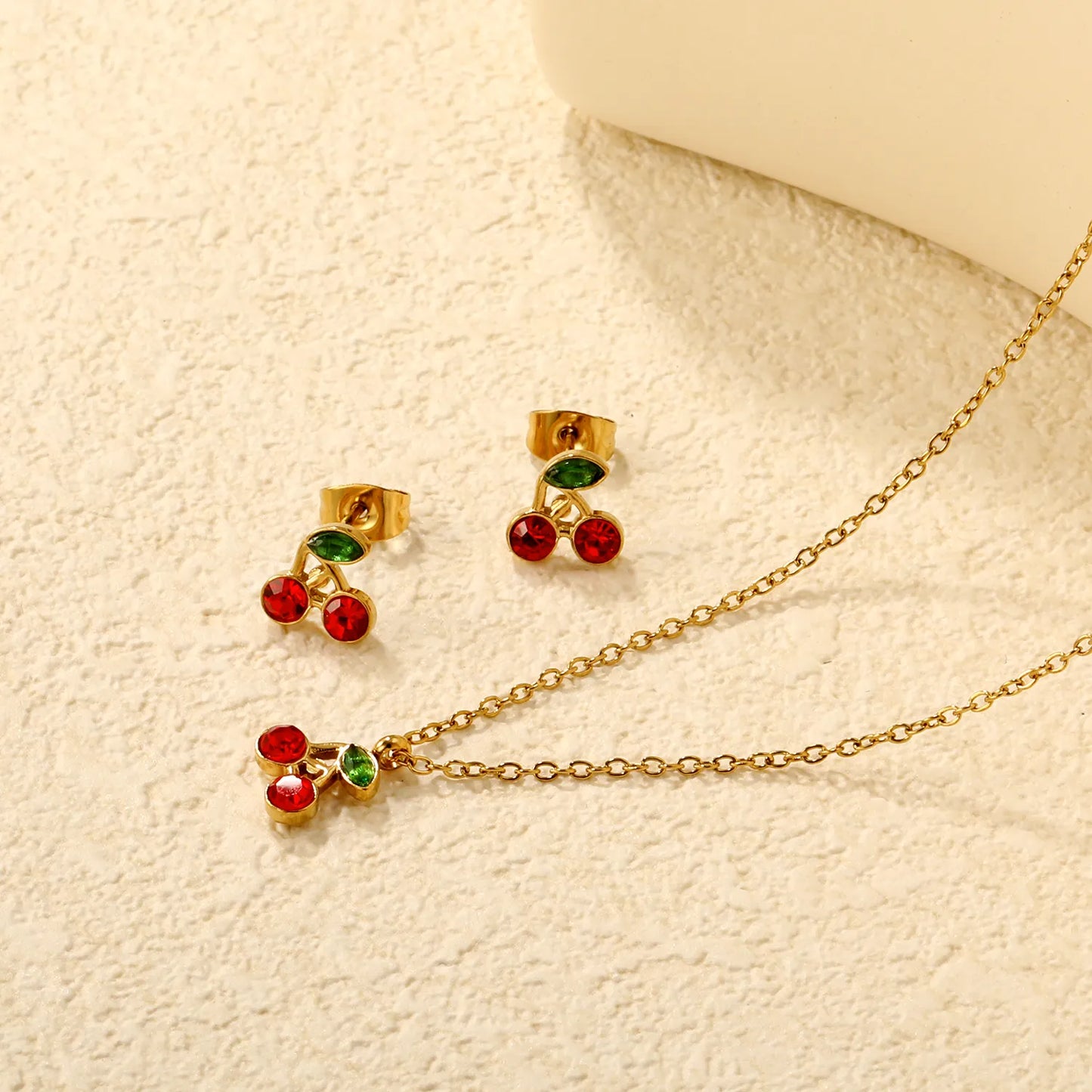 🍒 Wholesale Cherry Studs & Pendant Set | 8.5mm Gold Stainless Steel