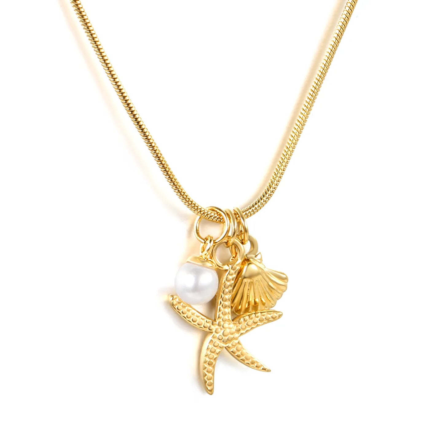 ✨Wholesale Gold Ocean Necklace: 15*20.7mm Starfish + 10.1*11.4mm Shell + 5.6mm Pearl | 1.2mm Snake Chain 40+5cm | Stainless Steel Beach Jewelry Bulk