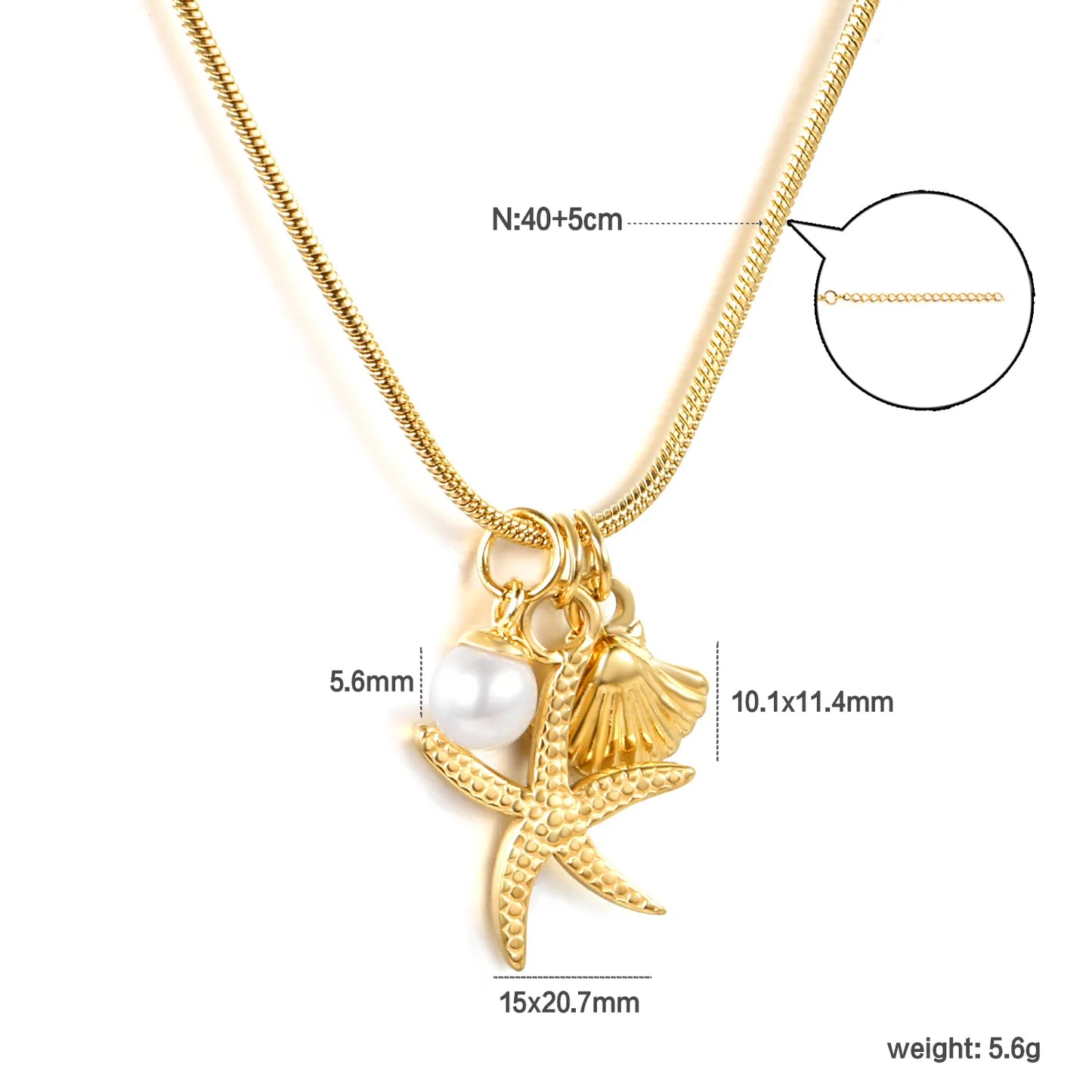 ✨Wholesale Gold Ocean Necklace: 15*20.7mm Starfish + 10.1*11.4mm Shell + 5.6mm Pearl | 1.2mm Snake Chain 40+5cm | Stainless Steel Beach Jewelry Bulk
