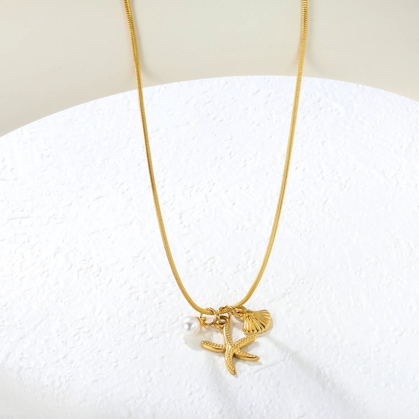 ✨Wholesale Gold Ocean Necklace: 15*20.7mm Starfish + 10.1*11.4mm Shell + 5.6mm Pearl | 1.2mm Snake Chain 40+5cm | Stainless Steel Beach Jewelry Bulk