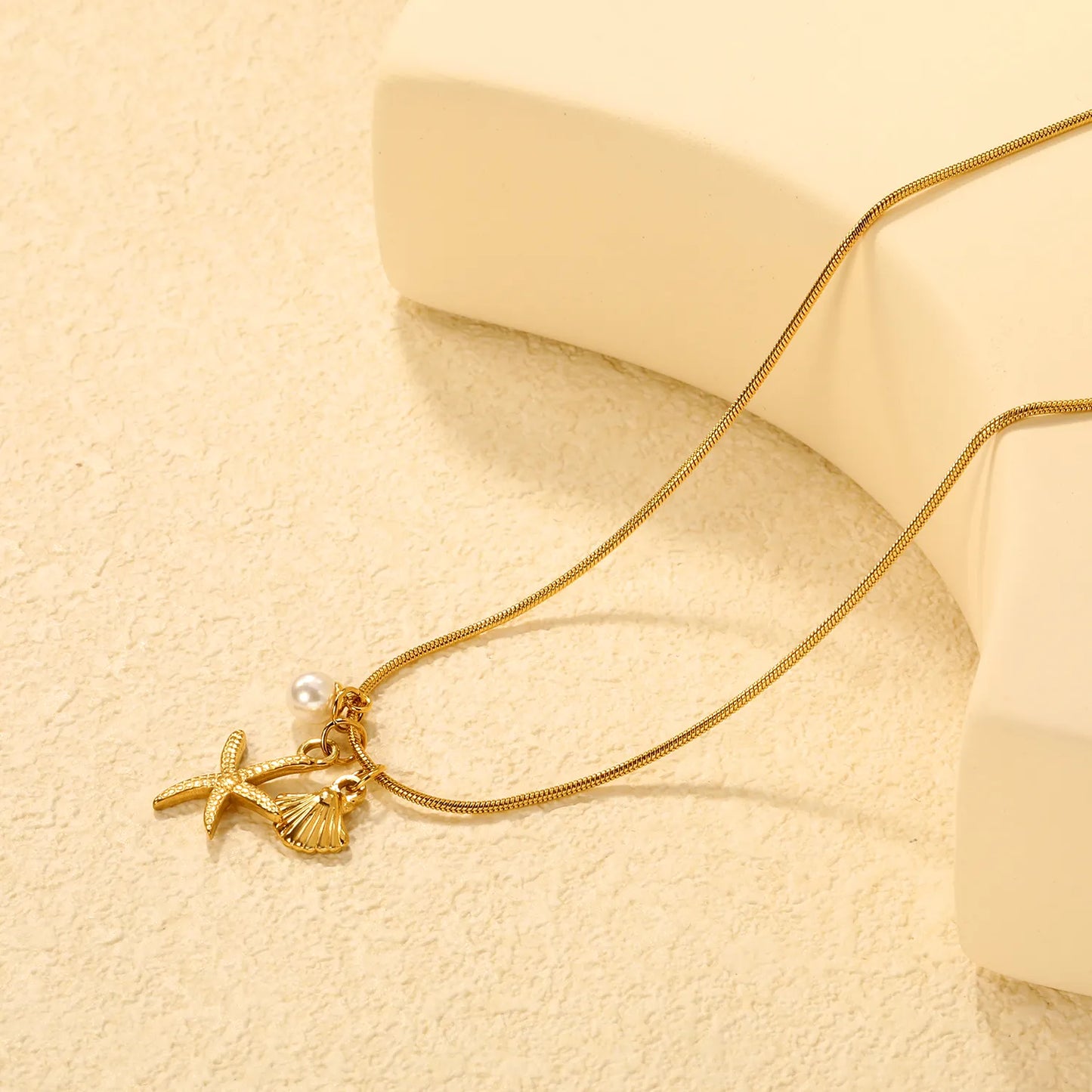 ✨Wholesale Gold Ocean Necklace: 15*20.7mm Starfish + 10.1*11.4mm Shell + 5.6mm Pearl | 1.2mm Snake Chain 40+5cm | Stainless Steel Beach Jewelry Bulk