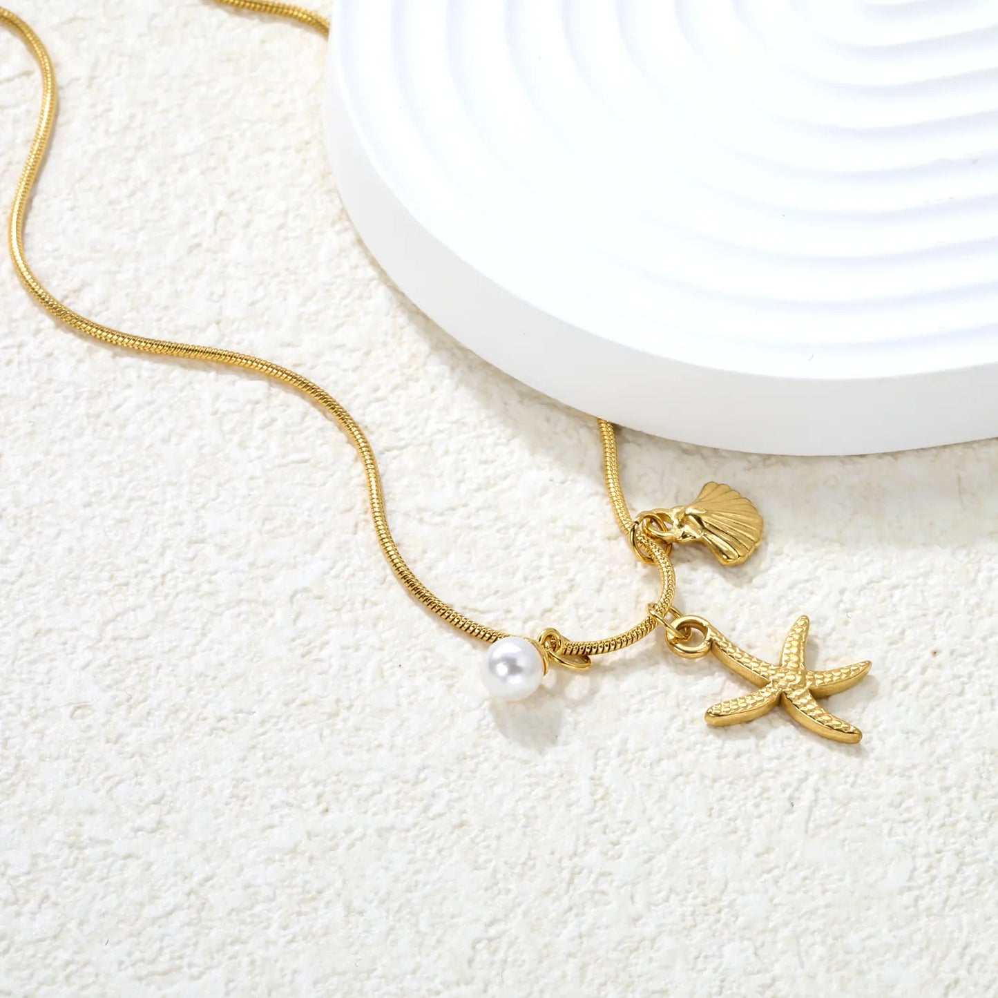 ✨Wholesale Gold Ocean Necklace: 15*20.7mm Starfish + 10.1*11.4mm Shell + 5.6mm Pearl | 1.2mm Snake Chain 40+5cm | Stainless Steel Beach Jewelry Bulk