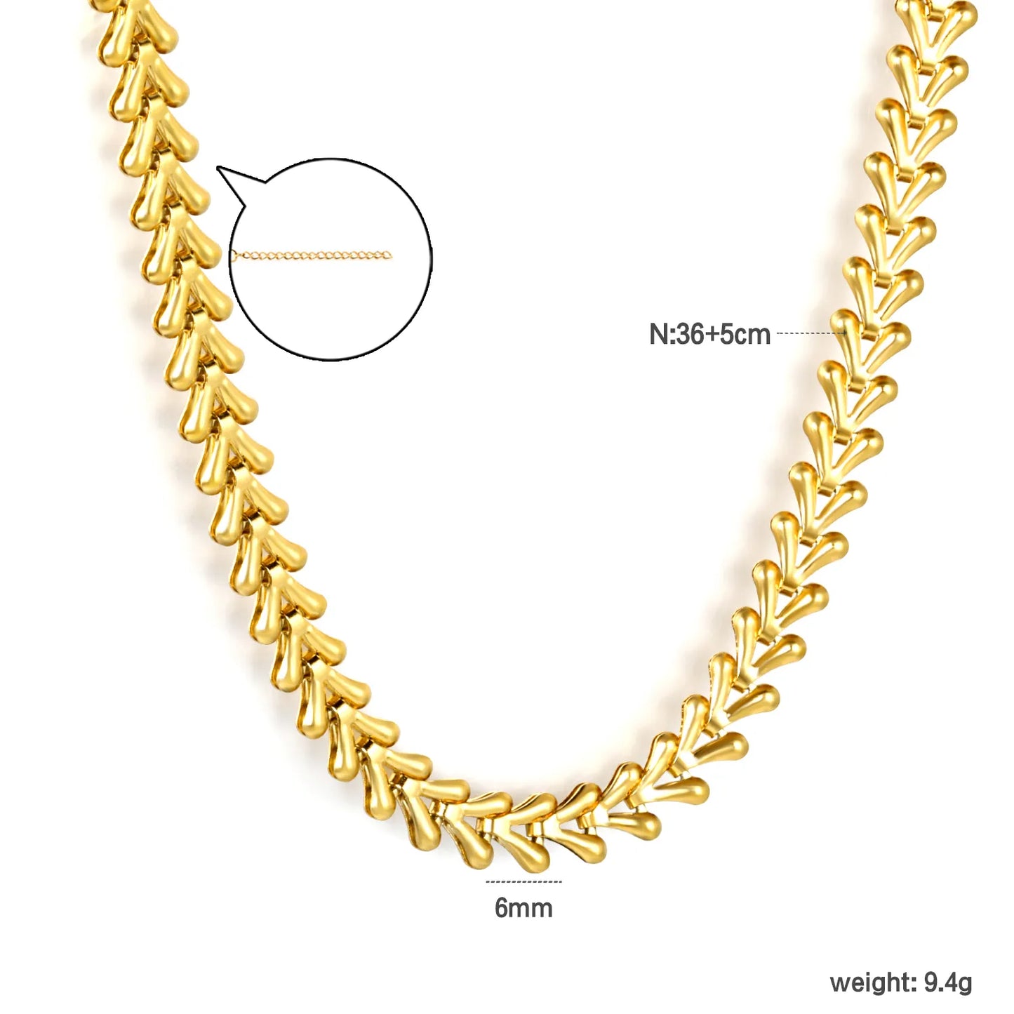 💛 Wholesale Heart Wheat Chain 40+5cm +6mm Tag | Gold Stainless Steel