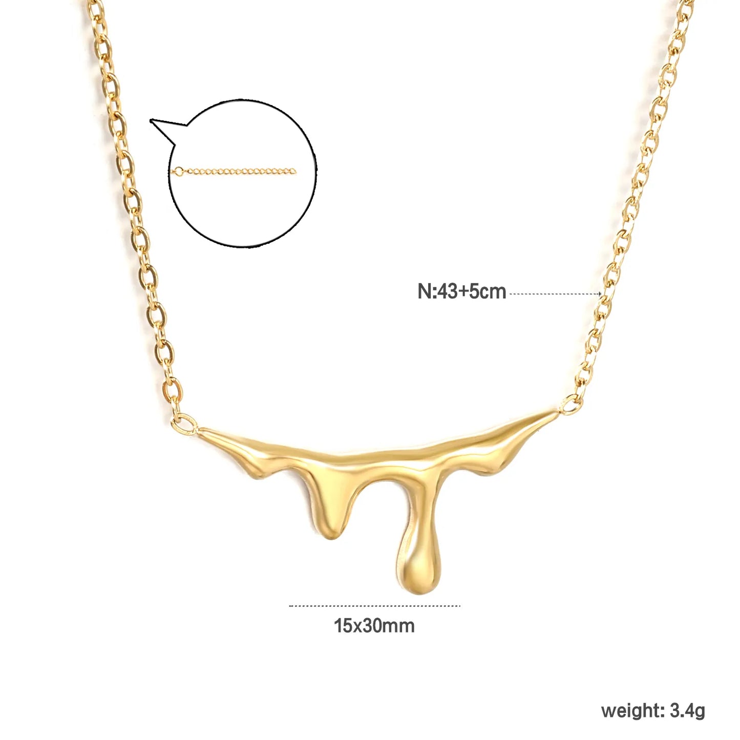 ✨Wholesale Gold Teardrop Necklace: 15*30mm Pendant + 1.2mm Rope Chain 43+5cm | Stainless Steel Adjustable Jewelry Bulk💧