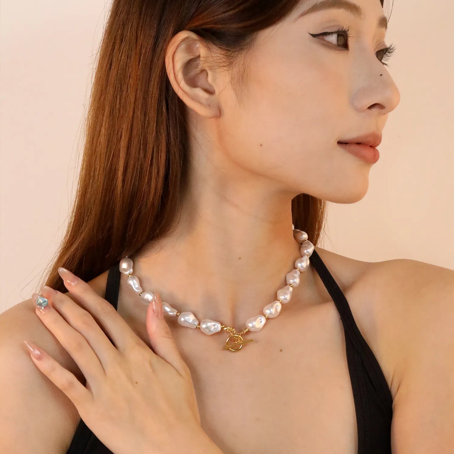 ✨ Wholesale Gold Baroque Pearl Necklace | 24pcs 11*15mm Faux Pearls + 25pcs 2.9mm Hollow Beads | 45cm OT Clasp Chain | Luxury Jewelry