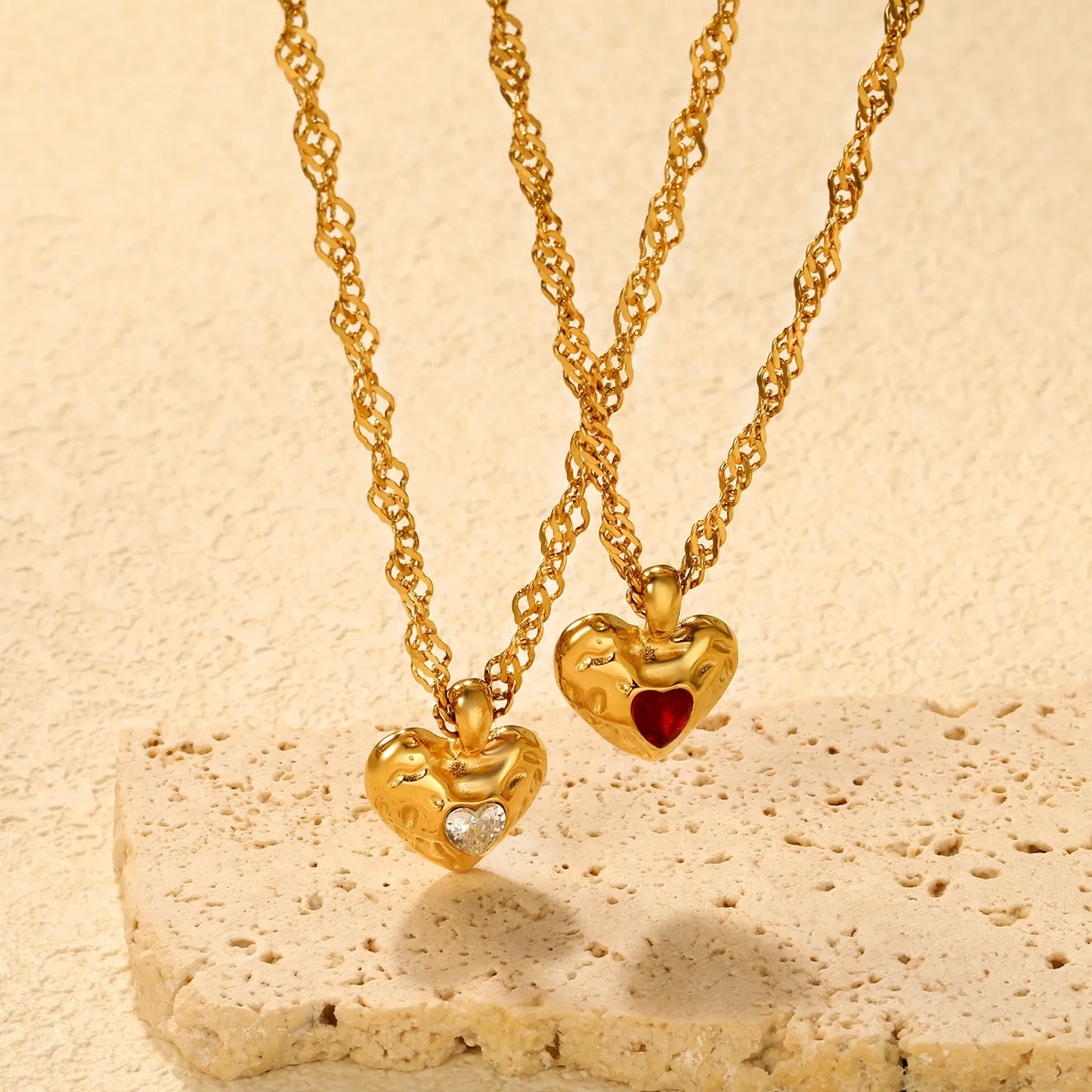 ✨Wholesale Gold Lava Heart Necklace: 15.6*20mm White/Red Crystal Pendant + 3mm Ripple Chain 40+5cm | Stainless Steel Jewelry Bulk