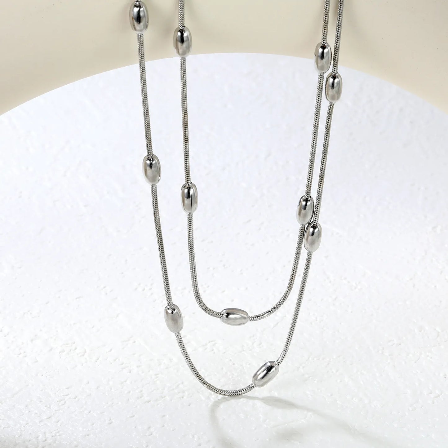 ✨ Wholesale Double Snake Chain Necklace w/ 4x7mm Oval Beads & 6mm Round Tag | 120+5cm | Stainless Steel/Gold
