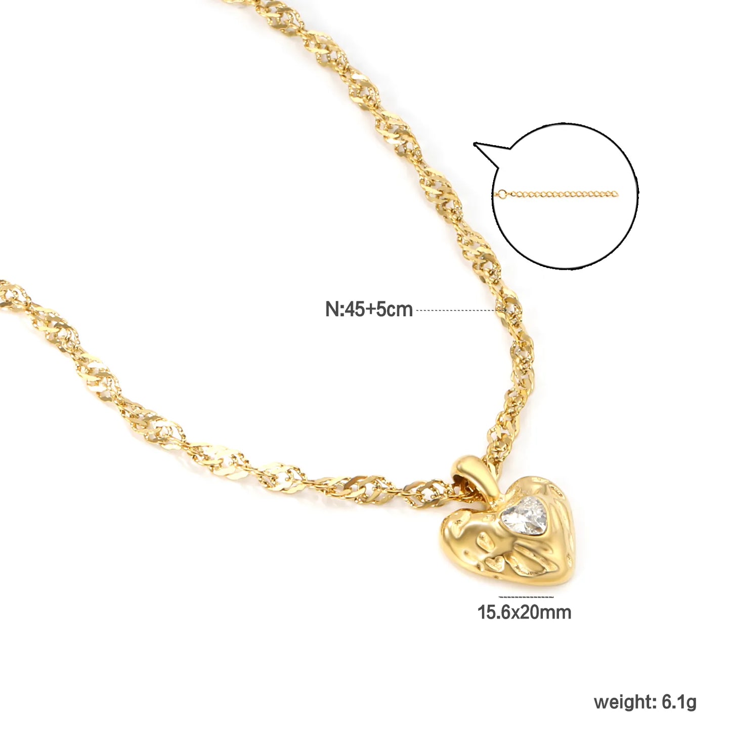 ✨Wholesale Gold Lava Heart Necklace: 15.6*20mm White/Red Crystal Pendant + 3mm Ripple Chain 40+5cm | Stainless Steel Jewelry Bulk