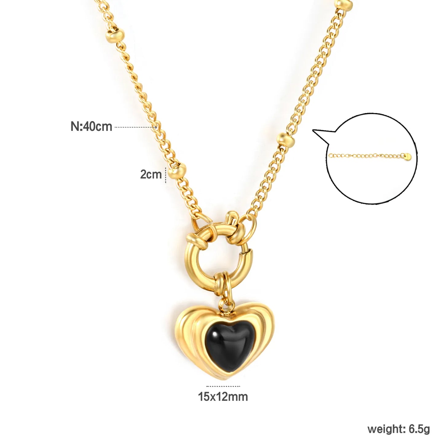 ✨ Wholesale Gold Stainless Steel Black Onyx Heart Necklace | 2.0mm Side Ball Chain 40cm | Elegant Minimalist Design