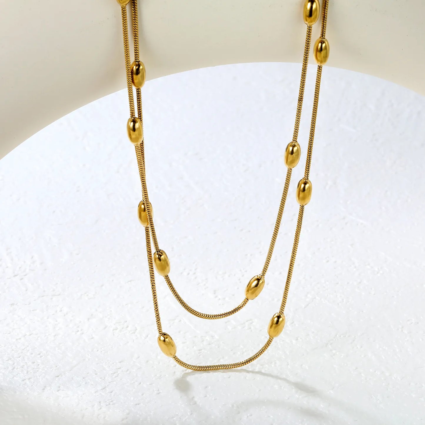 ✨ Wholesale Double Snake Chain Necklace w/ 4x7mm Oval Beads & 6mm Round Tag | 120+5cm | Stainless Steel/Gold