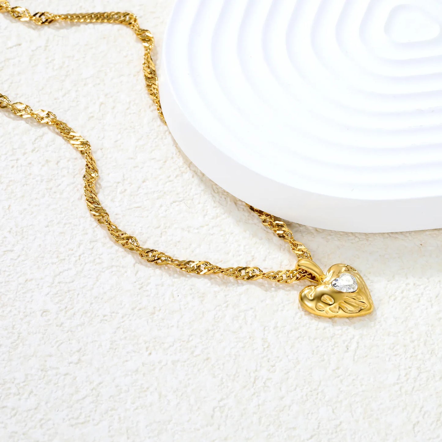 ✨Wholesale Gold Lava Heart Necklace: 15.6*20mm White/Red Crystal Pendant + 3mm Ripple Chain 40+5cm | Stainless Steel Jewelry Bulk