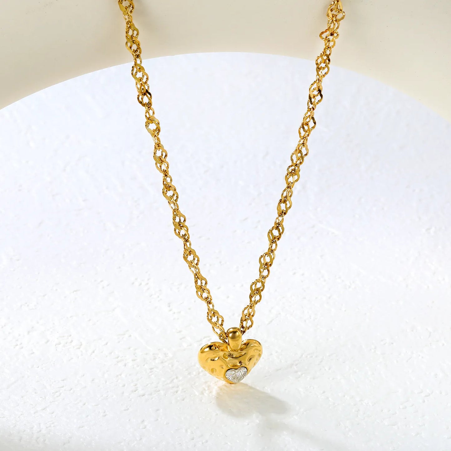 ✨Wholesale Gold Lava Heart Necklace: 15.6*20mm White/Red Crystal Pendant + 3mm Ripple Chain 40+5cm | Stainless Steel Jewelry Bulk