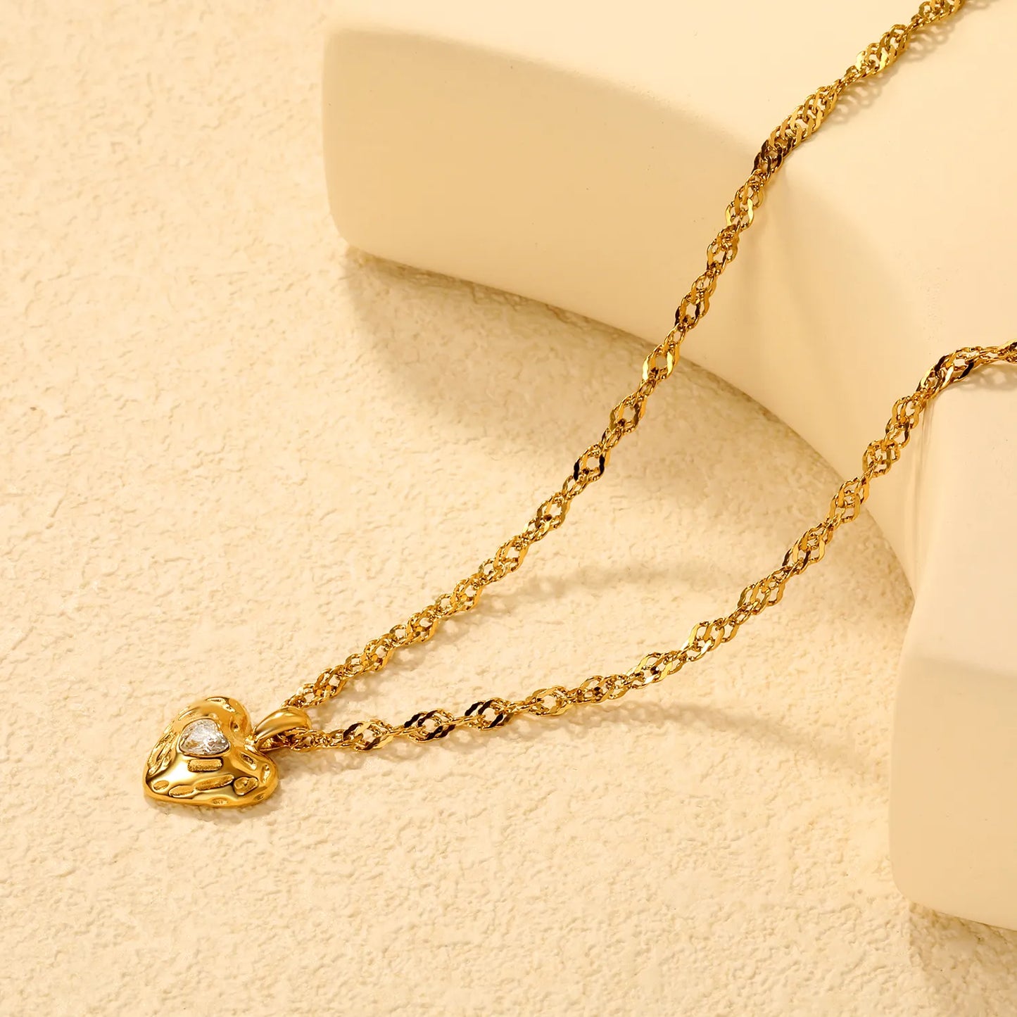 ✨Wholesale Gold Lava Heart Necklace: 15.6*20mm White/Red Crystal Pendant + 3mm Ripple Chain 40+5cm | Stainless Steel Jewelry Bulk