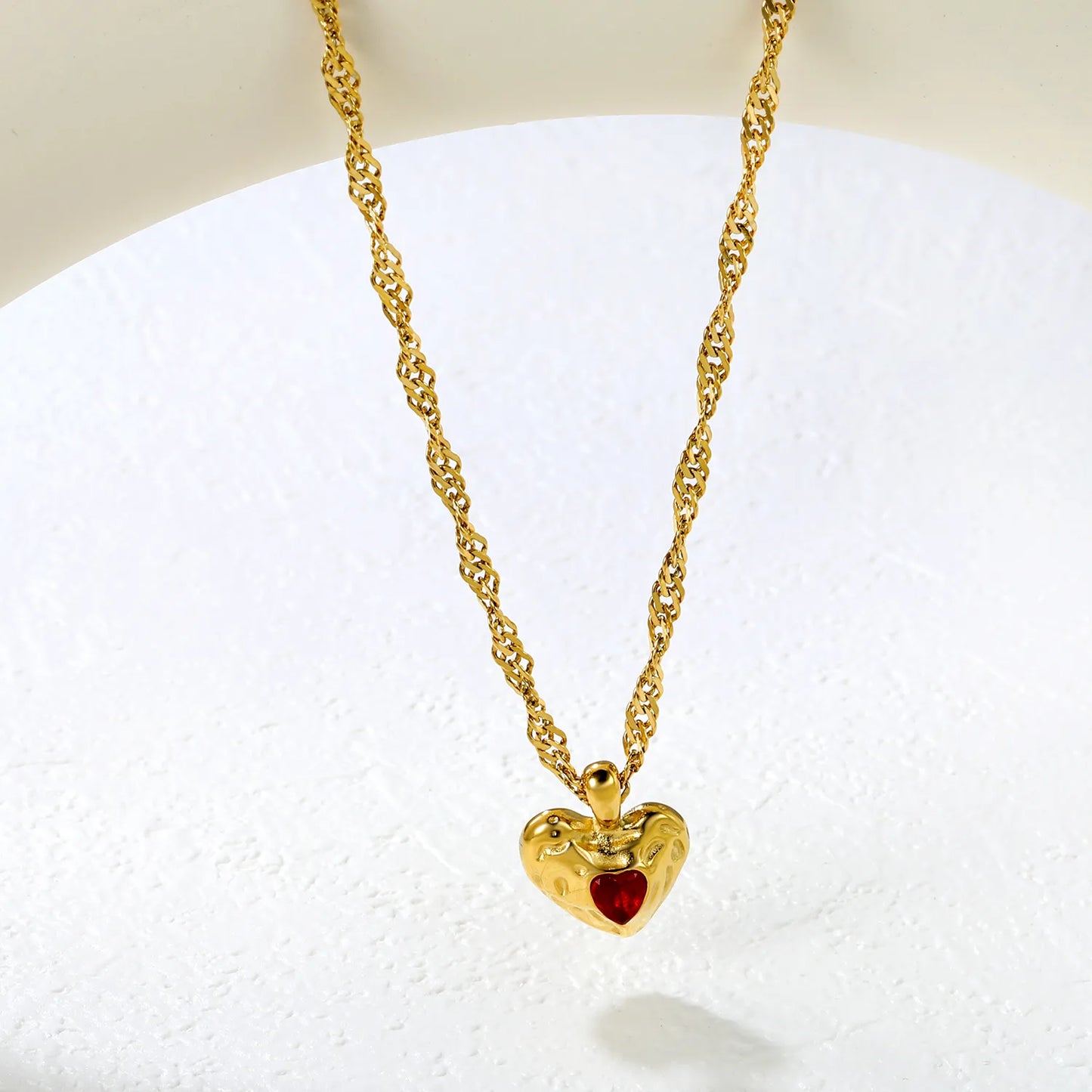 ✨Wholesale Gold Lava Heart Necklace: 15.6*20mm White/Red Crystal Pendant + 3mm Ripple Chain 40+5cm | Stainless Steel Jewelry Bulk