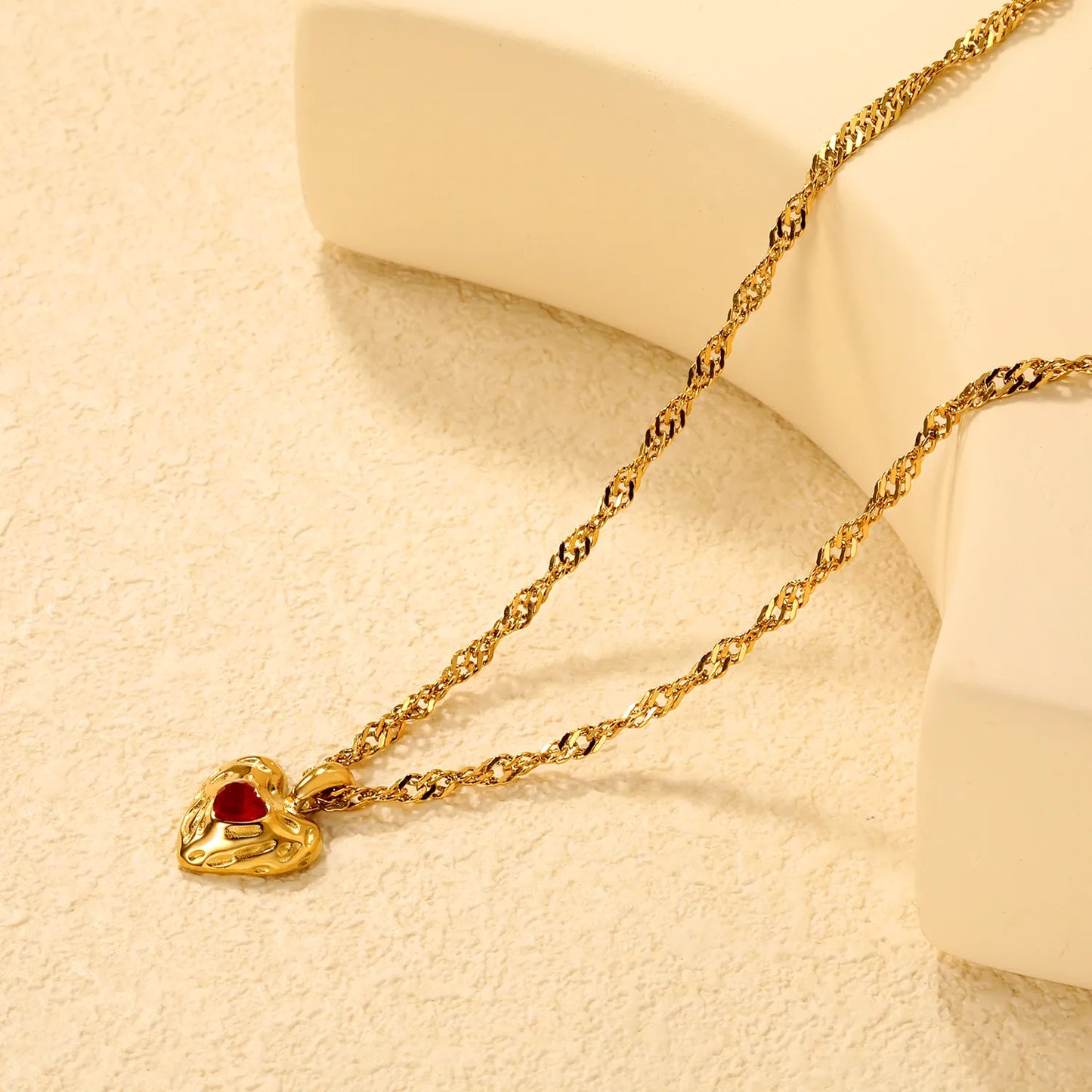 ✨Wholesale Gold Lava Heart Necklace: 15.6*20mm White/Red Crystal Pendant + 3mm Ripple Chain 40+5cm | Stainless Steel Jewelry Bulk