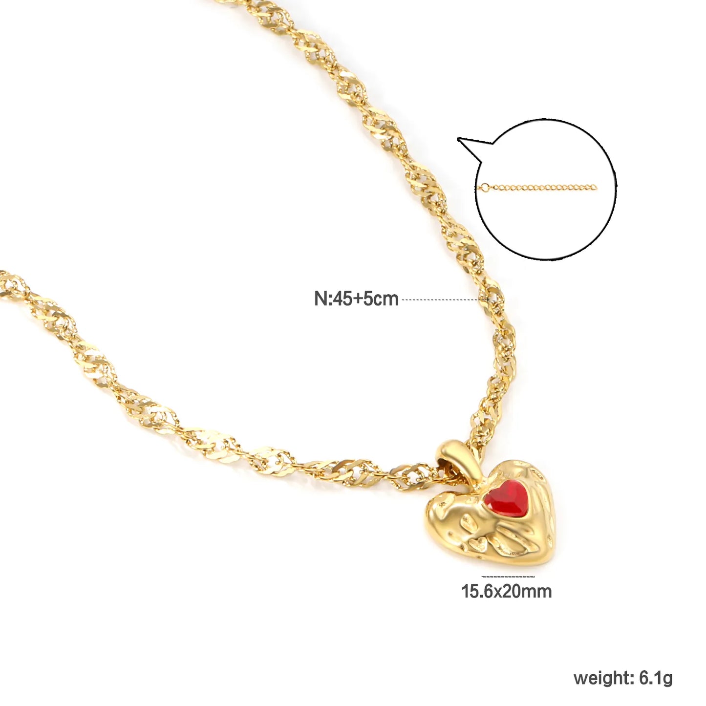 ✨Wholesale Gold Lava Heart Necklace: 15.6*20mm White/Red Crystal Pendant + 3mm Ripple Chain 40+5cm | Stainless Steel Jewelry Bulk