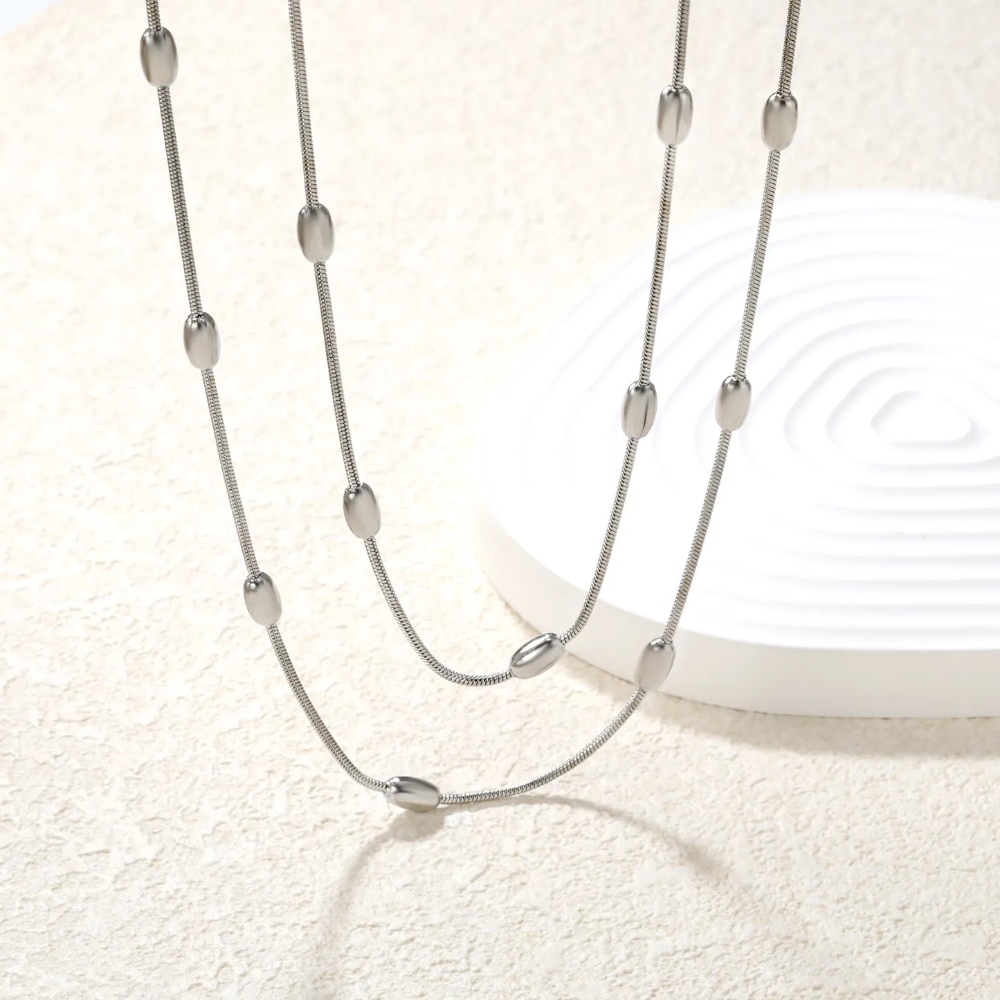 ✨ Wholesale Double Snake Chain Necklace w/ 4x7mm Oval Beads & 6mm Round Tag | 120+5cm | Stainless Steel/Gold