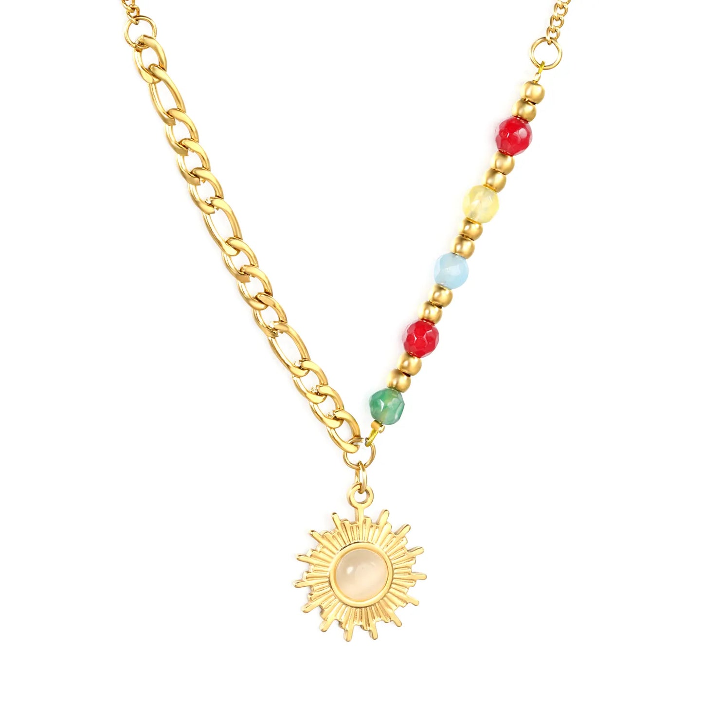 ☀️Wholesale Gold Sun Pendant Necklace: 16.3mm Sun Charm + 4.3mm Natural Stones | 3mm Steel Beads 40+5cm Chain | Stainless Steel Bulk Jewelry