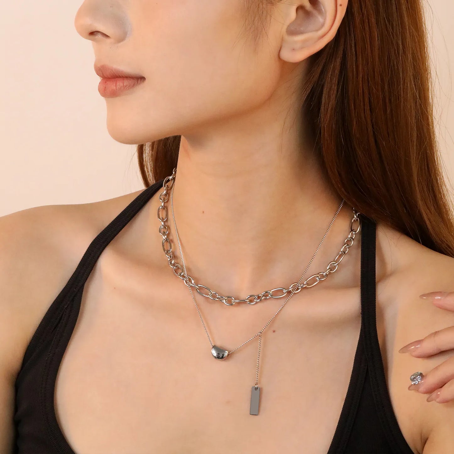 ✨ Wholesale Gold/Steel Color Dual Layer Necklace | 11*8mm Candy Bead & 5*7.5mm Rectangle Pendant | 1.3mm Oval Chain 35cm + 0.4mm Side Chain 38+3cm | 5cm Extender & 6mm Lobster Clasp