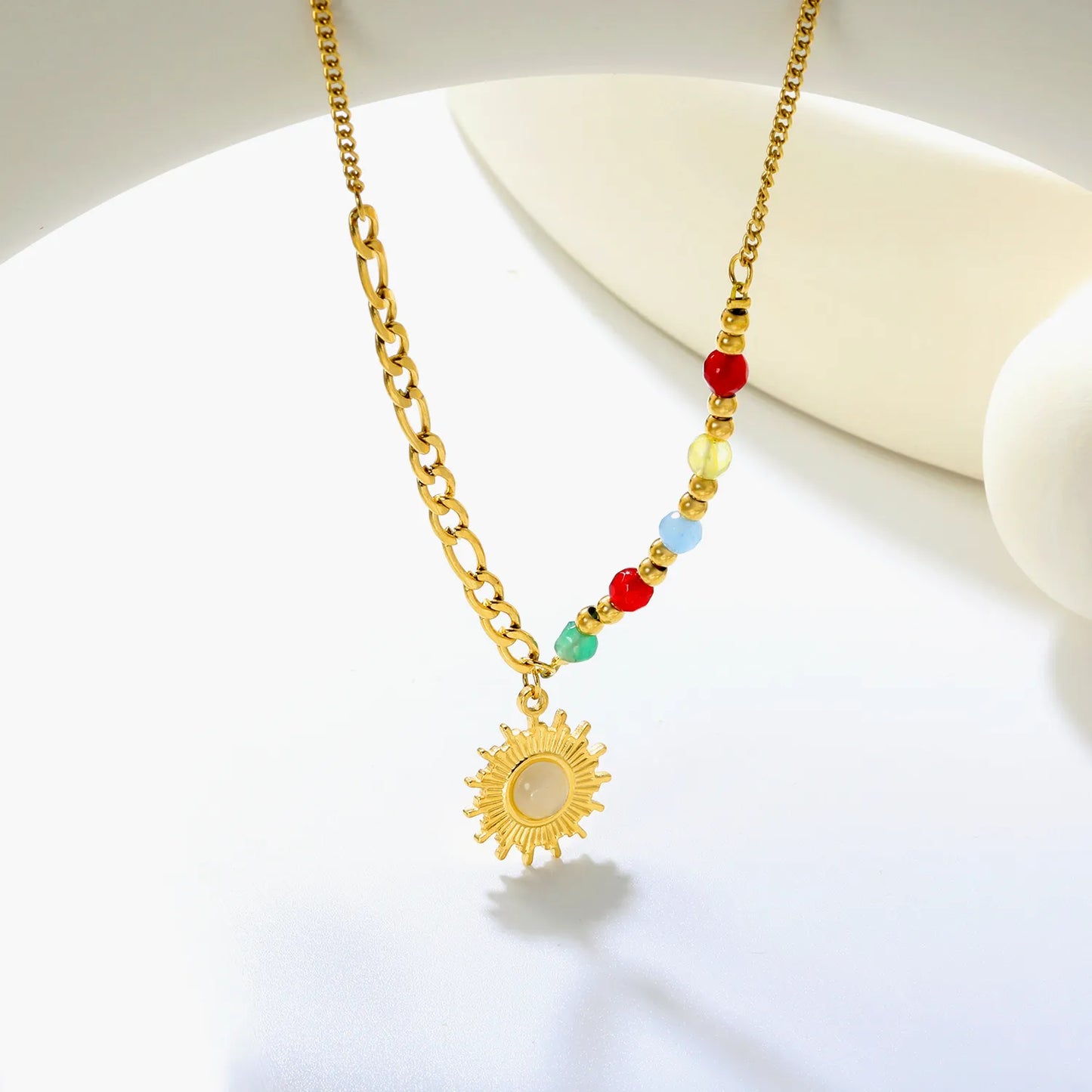 ☀️Wholesale Gold Sun Pendant Necklace: 16.3mm Sun Charm + 4.3mm Natural Stones | 3mm Steel Beads 40+5cm Chain | Stainless Steel Bulk Jewelry