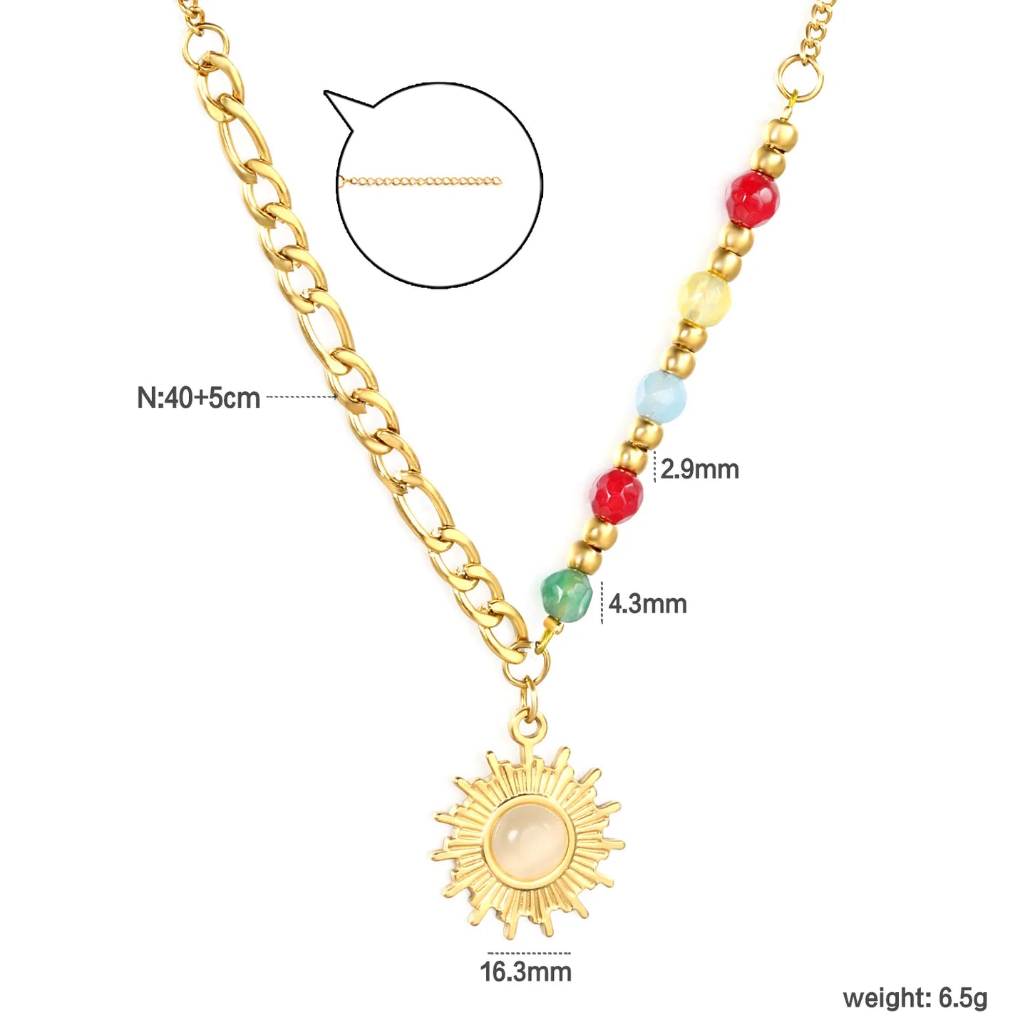 ☀️Wholesale Gold Sun Pendant Necklace: 16.3mm Sun Charm + 4.3mm Natural Stones | 3mm Steel Beads 40+5cm Chain | Stainless Steel Bulk Jewelry