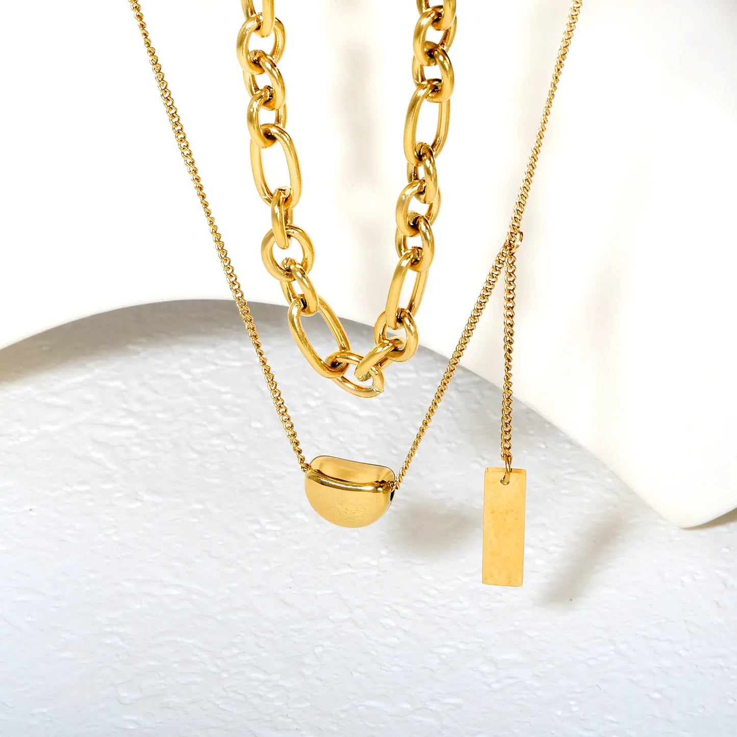 ✨ Wholesale Gold/Steel Color Dual Layer Necklace | 11*8mm Candy Bead & 5*7.5mm Rectangle Pendant | 1.3mm Oval Chain 35cm + 0.4mm Side Chain 38+3cm | 5cm Extender & 6mm Lobster Clasp