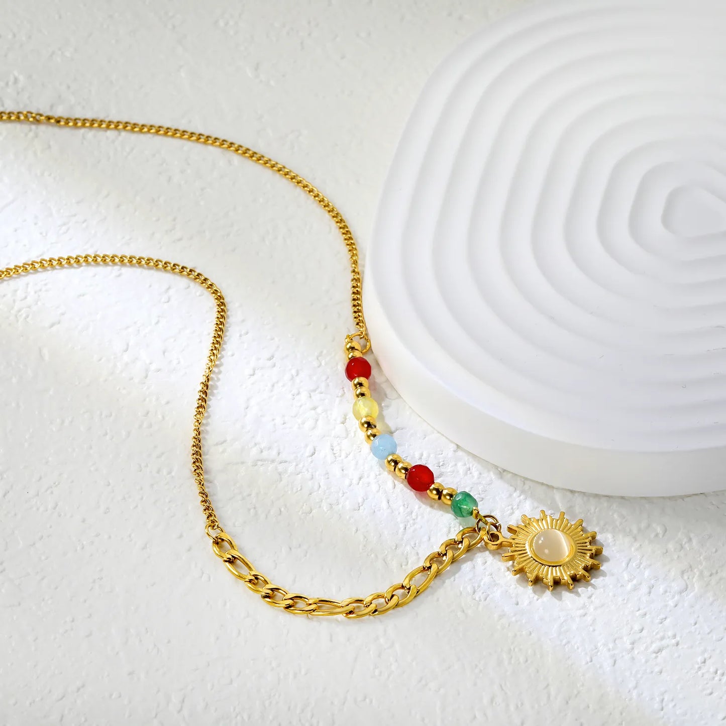 ☀️Wholesale Gold Sun Pendant Necklace: 16.3mm Sun Charm + 4.3mm Natural Stones | 3mm Steel Beads 40+5cm Chain | Stainless Steel Bulk Jewelry