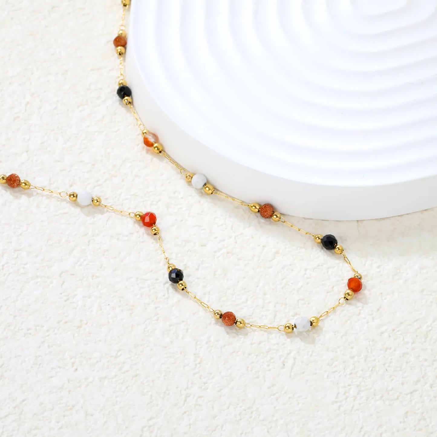 ✨ Wholesale Gold Beaded Necklace w/ 2mm Steel Beads + 3.2mm Stones & 10x3mm Tag | 40+5cm | Stainless Steel