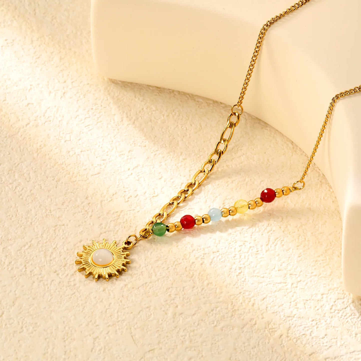 ☀️Wholesale Gold Sun Pendant Necklace: 16.3mm Sun Charm + 4.3mm Natural Stones | 3mm Steel Beads 40+5cm Chain | Stainless Steel Bulk Jewelry