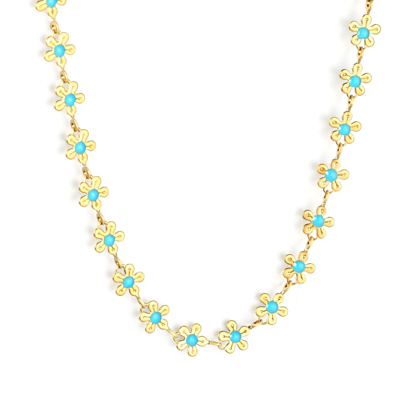 🌸Wholesale Gold Enamel Flower Necklace: 5.8mm Blue Floral Pendant + 40+5cm Chain | 11.2x3.7mm Rectangular Tag | Stainless Steel Bulk Jewelry