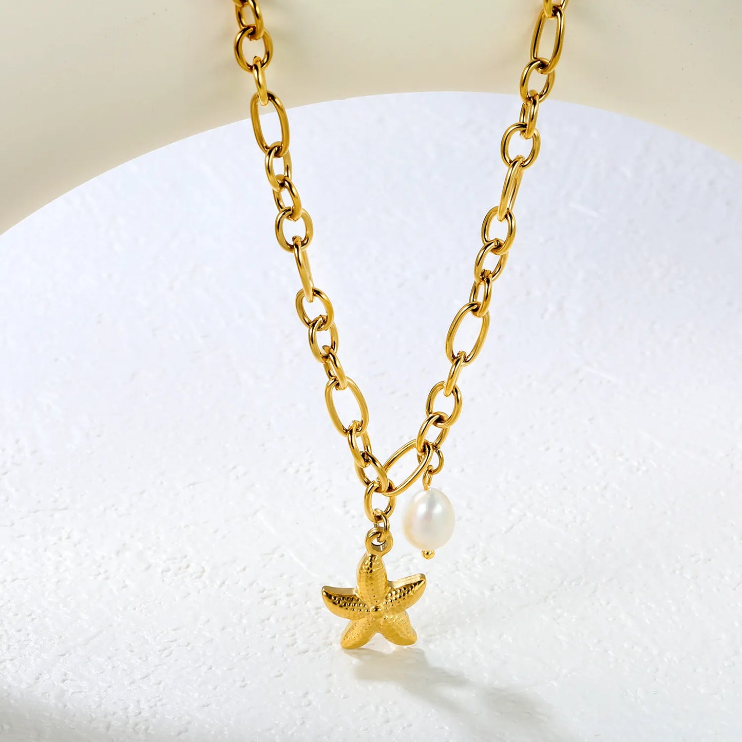 🌟Wholesale Gold Starfish Necklace: 15.1*19.6mm Charm + 7.8*14.6mm Pearl Accent | 1.2mm Rope Chain 40+5cm | Stainless Steel Beach Jewelry Bulk