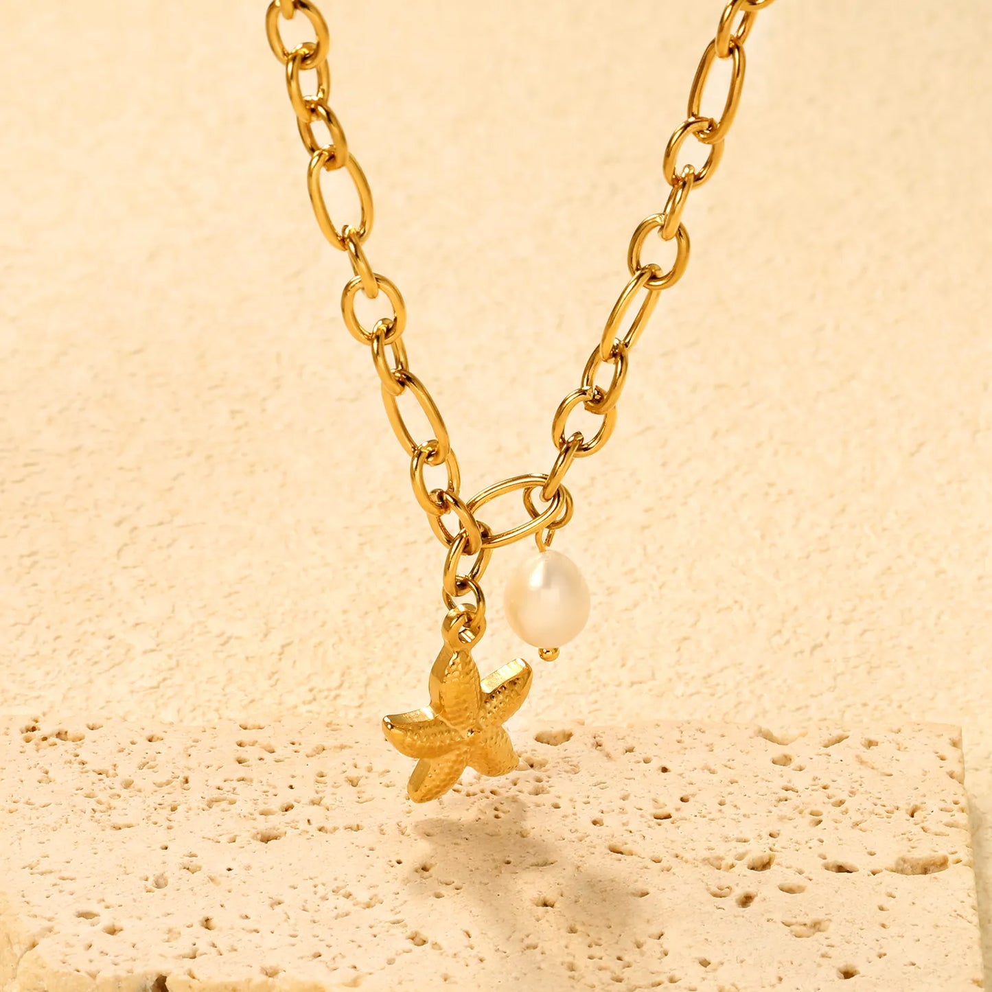 🌟Wholesale Gold Starfish Necklace: 15.1*19.6mm Charm + 7.8*14.6mm Pearl Accent | 1.2mm Rope Chain 40+5cm | Stainless Steel Beach Jewelry Bulk