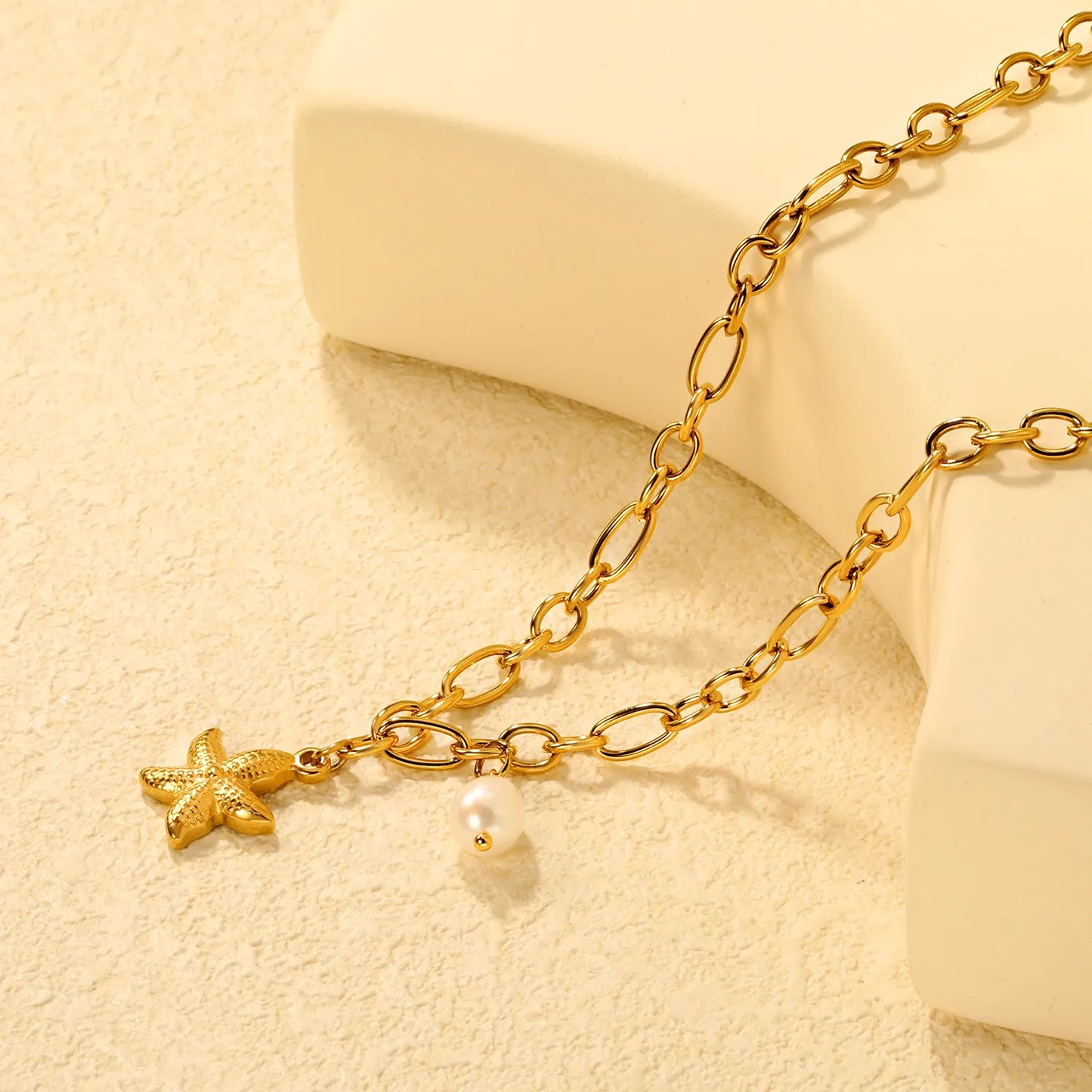 🌟Wholesale Gold Starfish Necklace: 15.1*19.6mm Charm + 7.8*14.6mm Pearl Accent | 1.2mm Rope Chain 40+5cm | Stainless Steel Beach Jewelry Bulk
