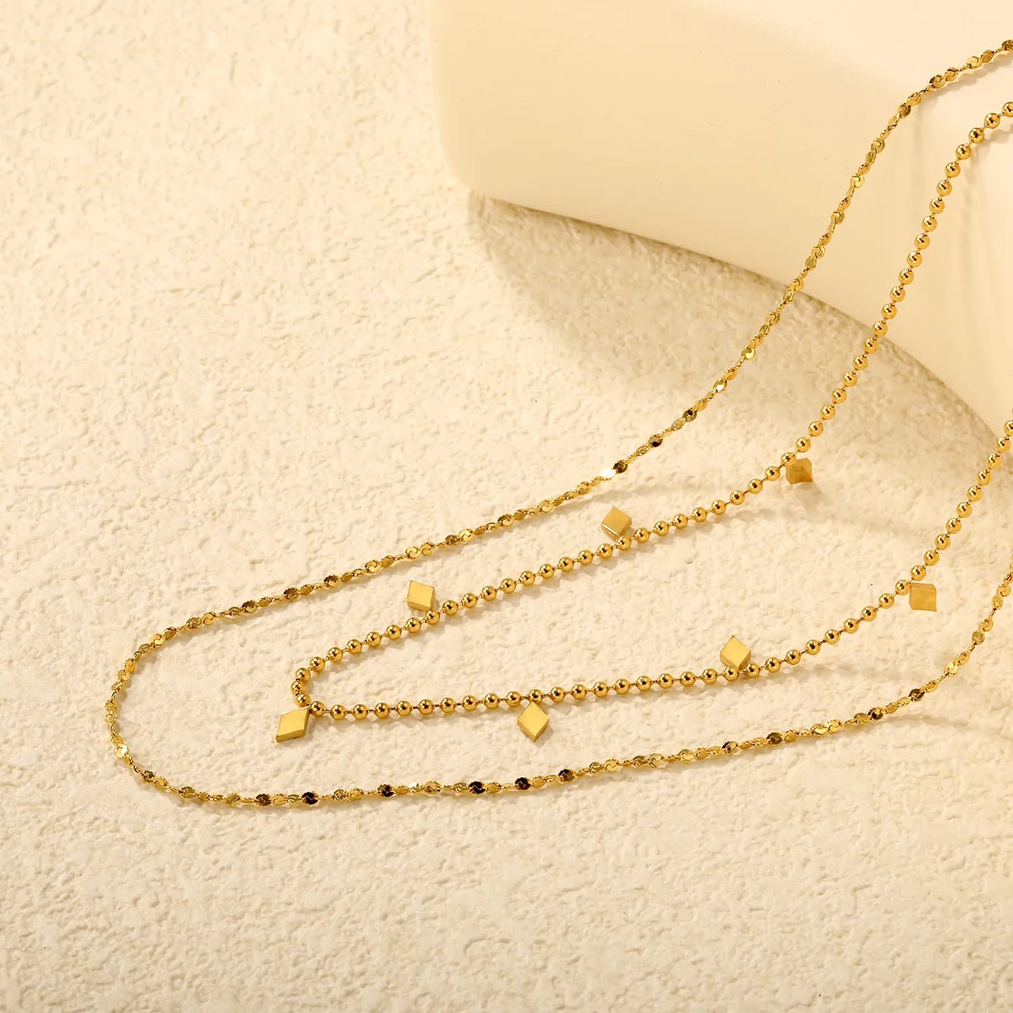 ✨ Wholesale Geometric Dual Chain Necklace | Bead+Stardust 40+5cm Gold
