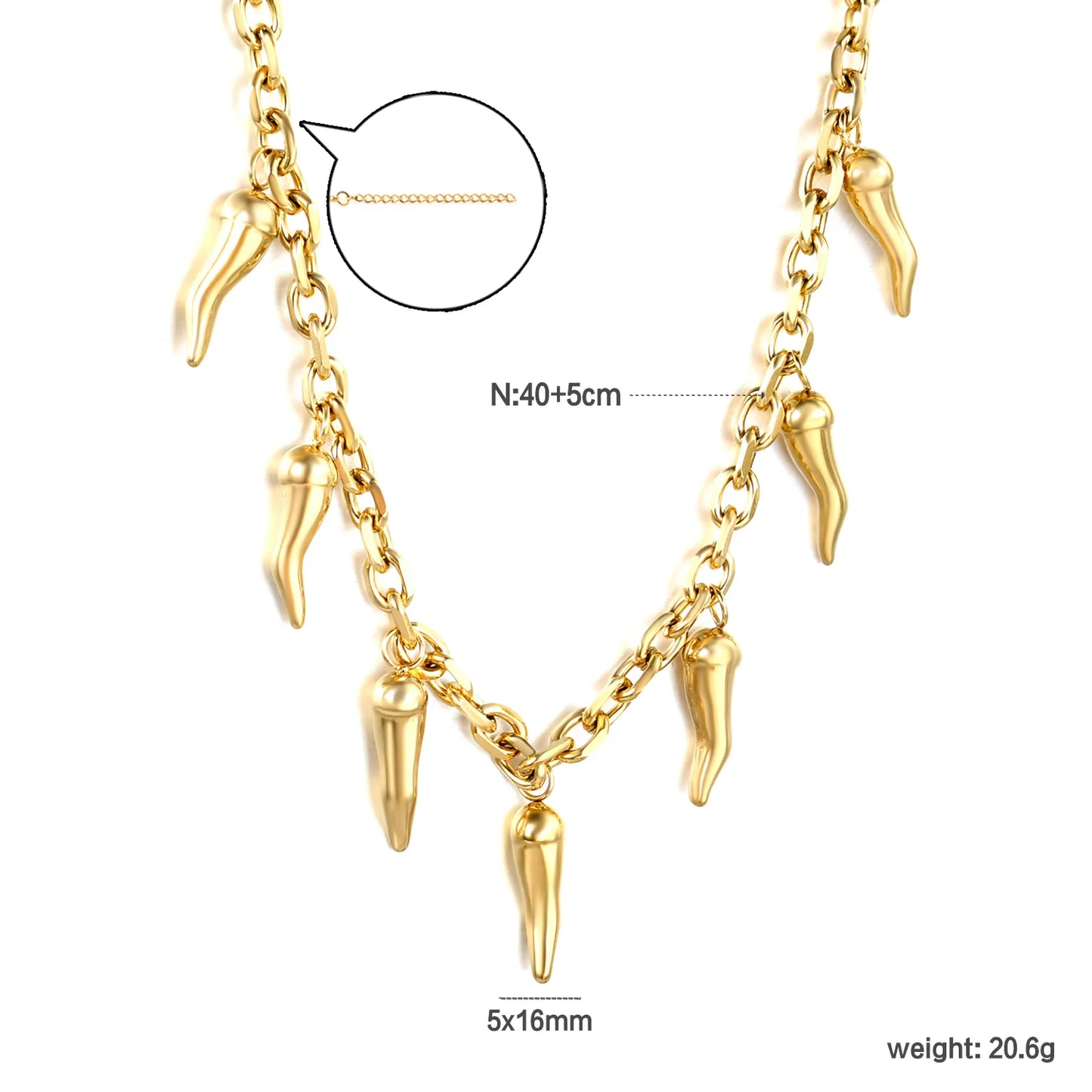 ✨5x16mm Chili Pepper Pendant Necklace Gold/Red Enamel | 1.2mm Curb Chain 40+5cm | Stainless Steel Wholesale Jewelry