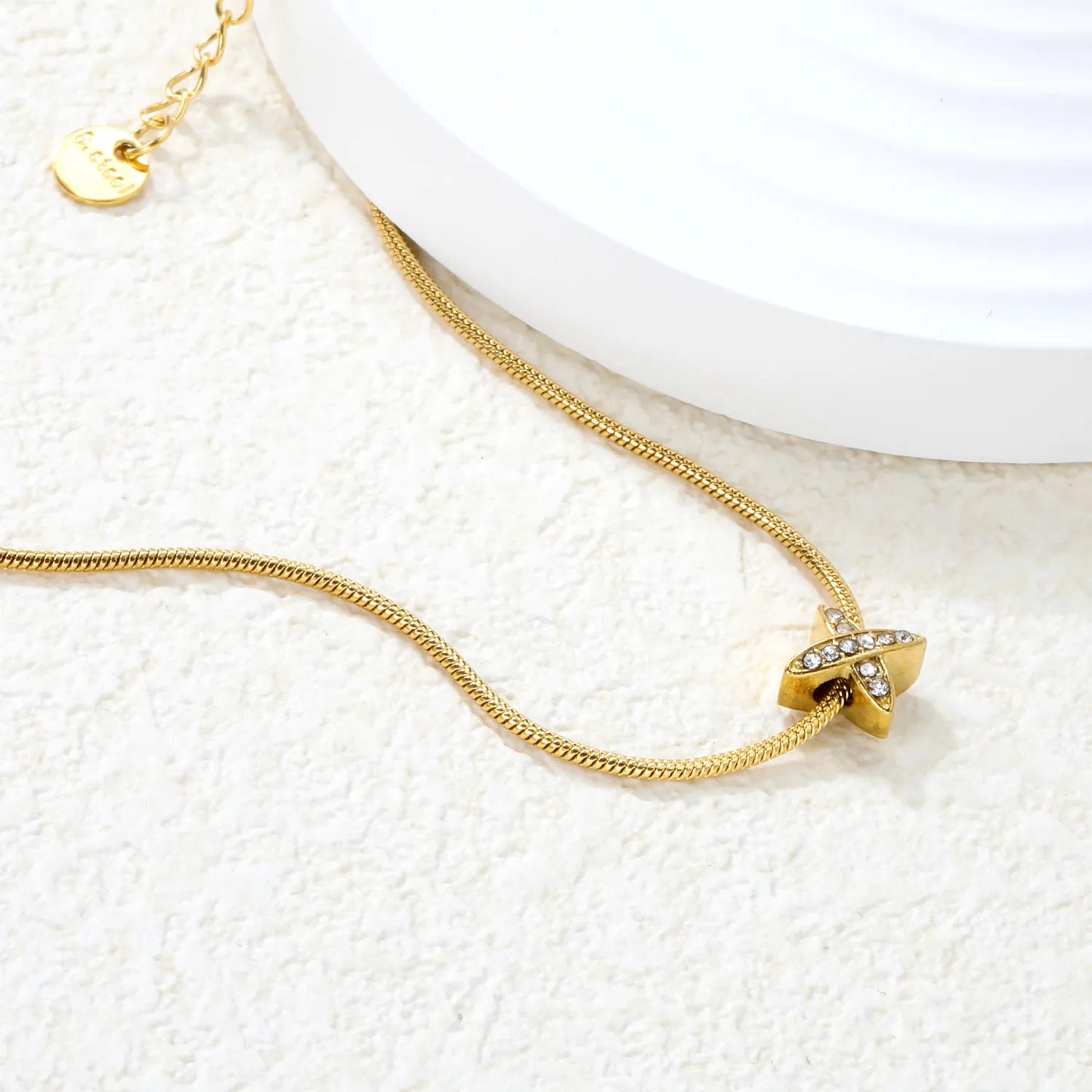 ✨7x7.1mm X-Shape Pendant Necklace White Zirconia/Black Enamel | 1.2mm Snake Chain or 0.3mm Cross Chain | Gold Stainless Steel Wholesale