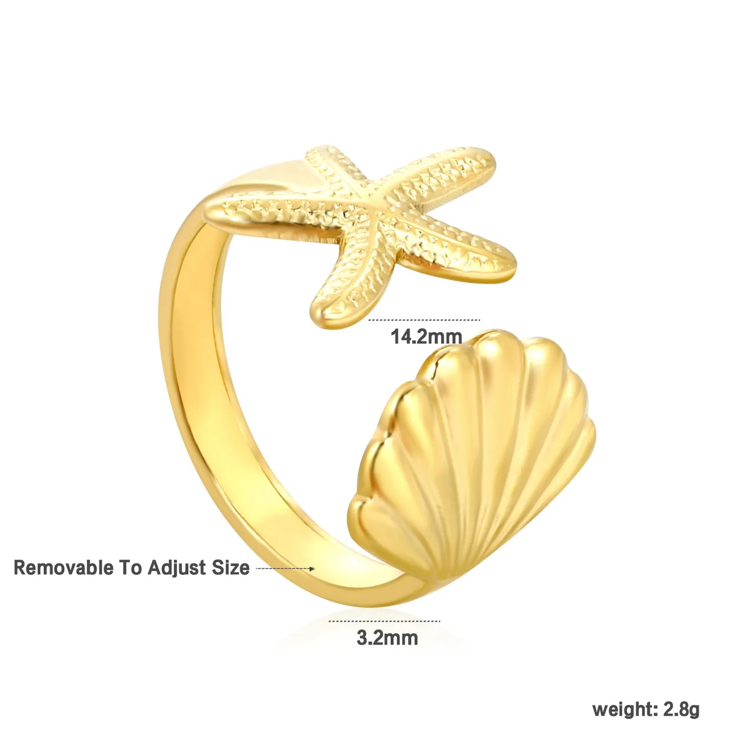 ✨ Wholesale Gold Beach Rings: Shell+Starfish 14.2mm & Double Starfish 20.1mm | Open Adjustable | Stainless Steel