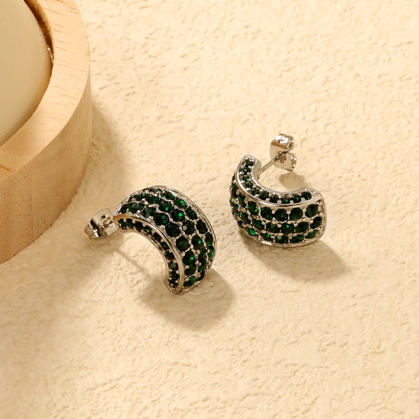✨ Wholesale C-Shape Earrings 10.2x18.4mm w/ White/Emerald Stones | Stainless Steel/Gold | Hypoallergenic