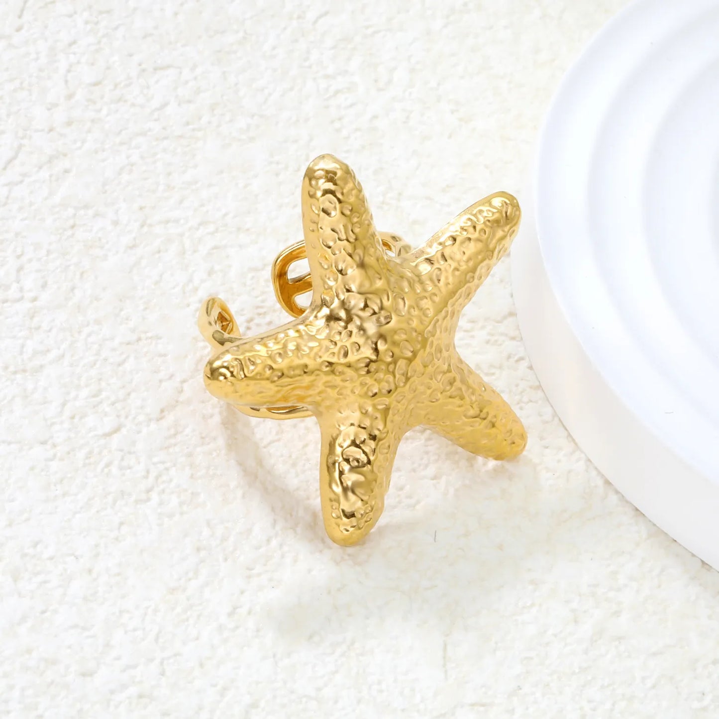 🌟 37.5mm Starfish Open Ring Gold Stainless Steel Statement Jewelry | Adjustable Ocean Ring | Wholesale Coastal Boho Accessory