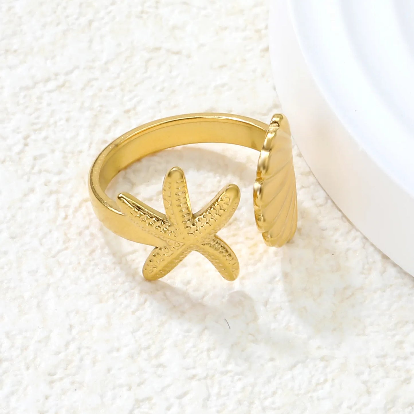 ⨠Wholesale Gold Beach Rings: Shell+Starfish 14.2mm & Double Starfish 20.1mm | Open Adjustable | Stainless Steel